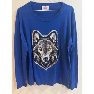 Sparkle City Blue Wolf Sequin Long Sleeve Sweater Knit Top Women's XL